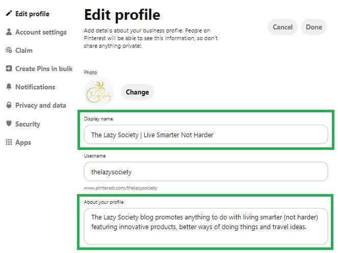 Use keywords in Profile Name and Bio when editing your Pinterest profile